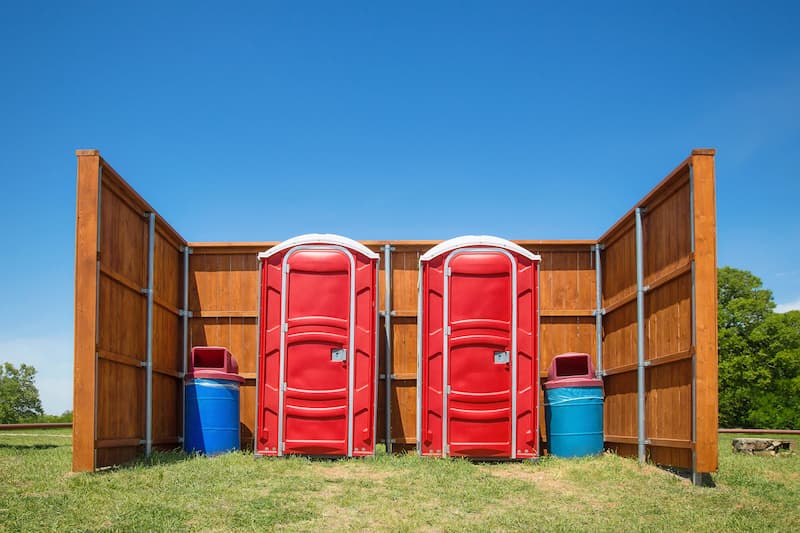 Short-term porta potty units staged for delivery in Excelsior Springs, Missouri